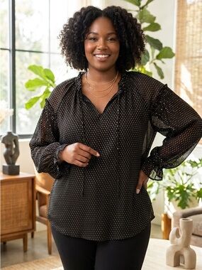 Black with Gold Polka Dot Ruffle Tie-Neck Blouse by outres filled